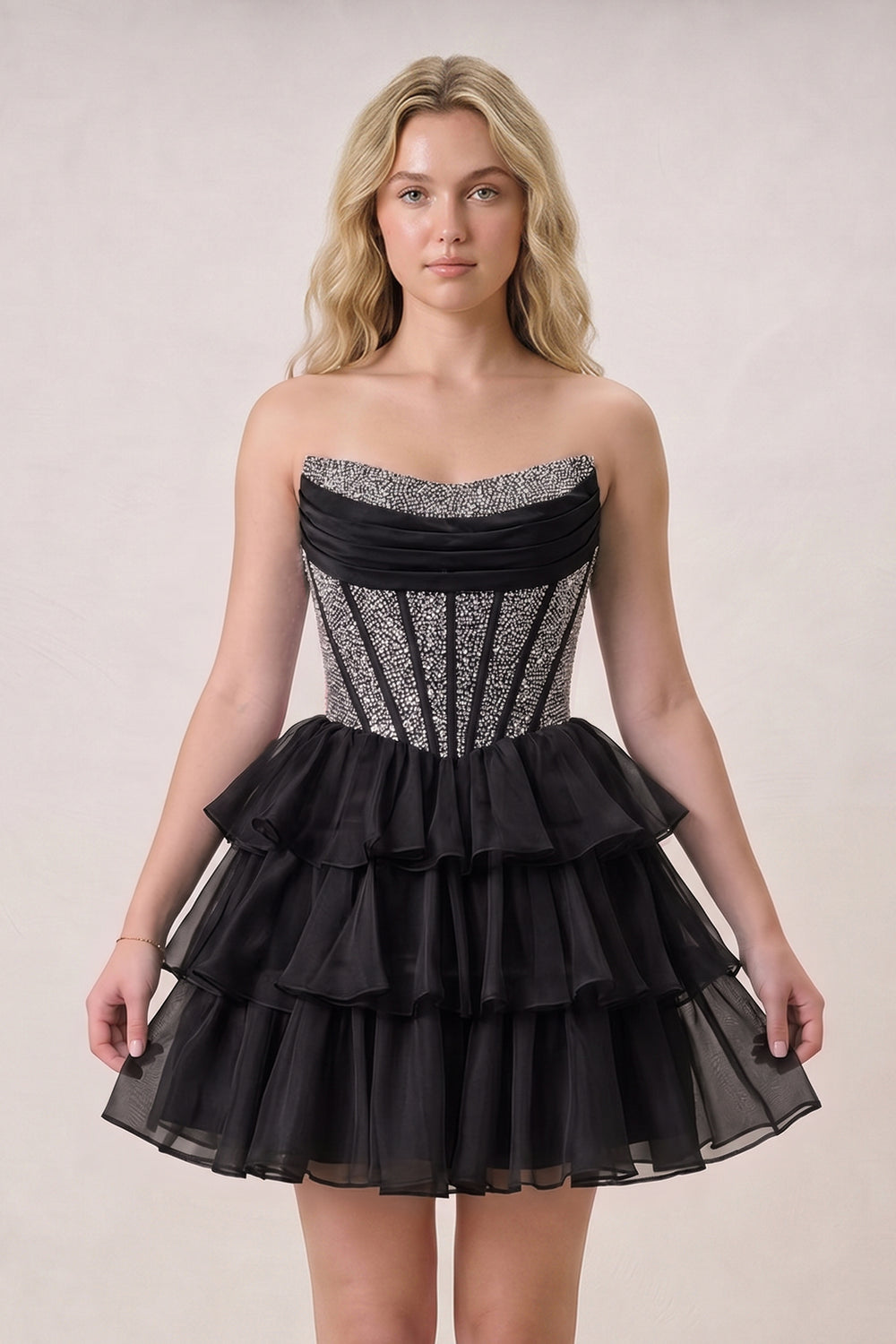 Amica | Black - Strapless A Line Chiffon Beaded Homecoming Dress With Ruffles