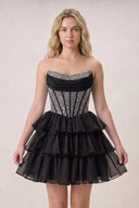 Amica | Black - Strapless A Line Chiffon Beaded Homecoming Dress With Ruffles