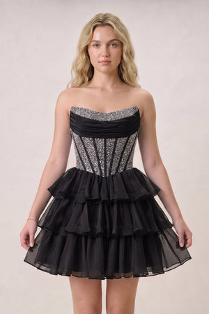 Amica | Black - Strapless A Line Chiffon Beaded Homecoming Dress With Ruffles