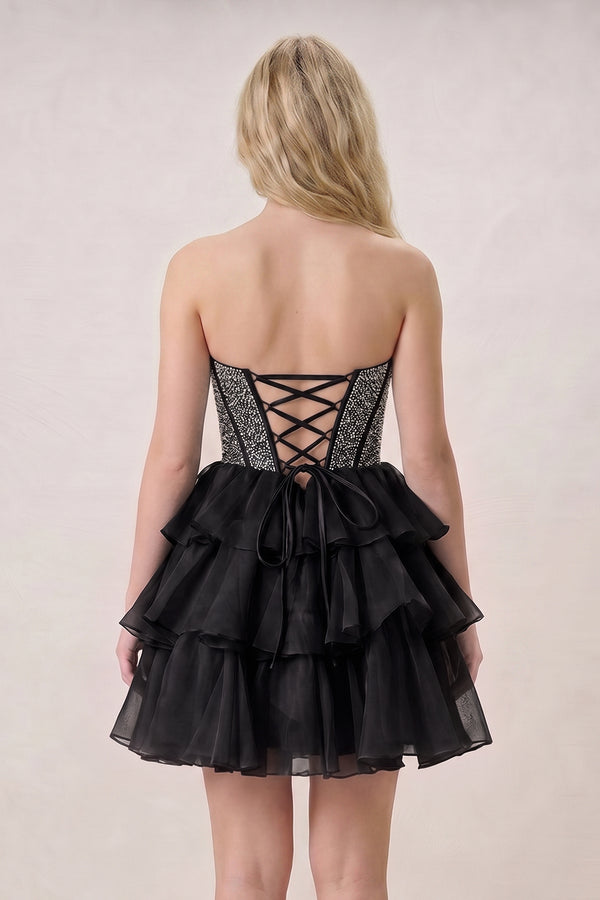 Amica | Black - Strapless A Line Chiffon Beaded Homecoming Dress With Ruffles