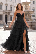 Black Chiffon Sweetheart Ruffle Tiered Long Prom Dress – Prom Dress by Kissprom | Available at KissProm