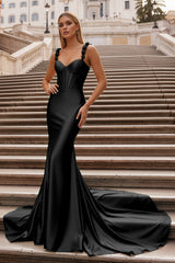 Black Floral Straps Mermaid Satin Long Prom Dress - KISSPROM PROM DRESSES