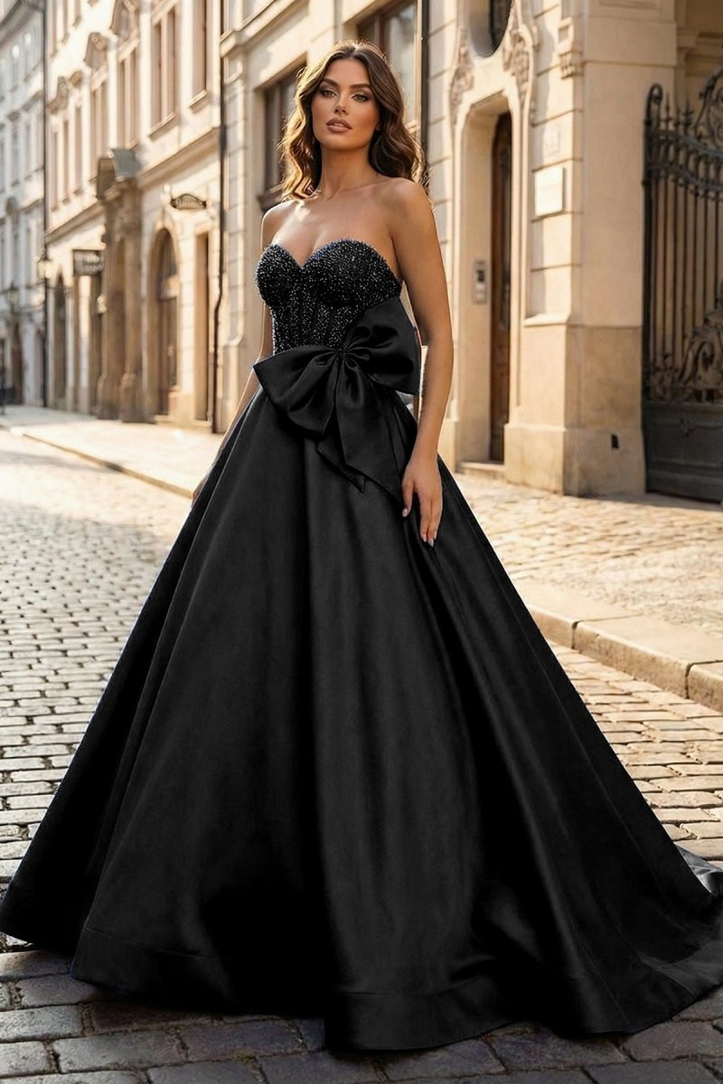 A - Line Sweetheart Black Beaded Long Prom Dresses With Bow - KissProm