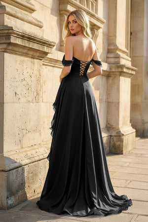 Black Off The Shoulder A Line Chiffon Pleated Long Prom Dresses With Slit - KissProm