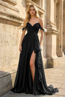 Black Off The Shoulder A Line Chiffon Pleated Long Prom Dresses With Slit - KissProm