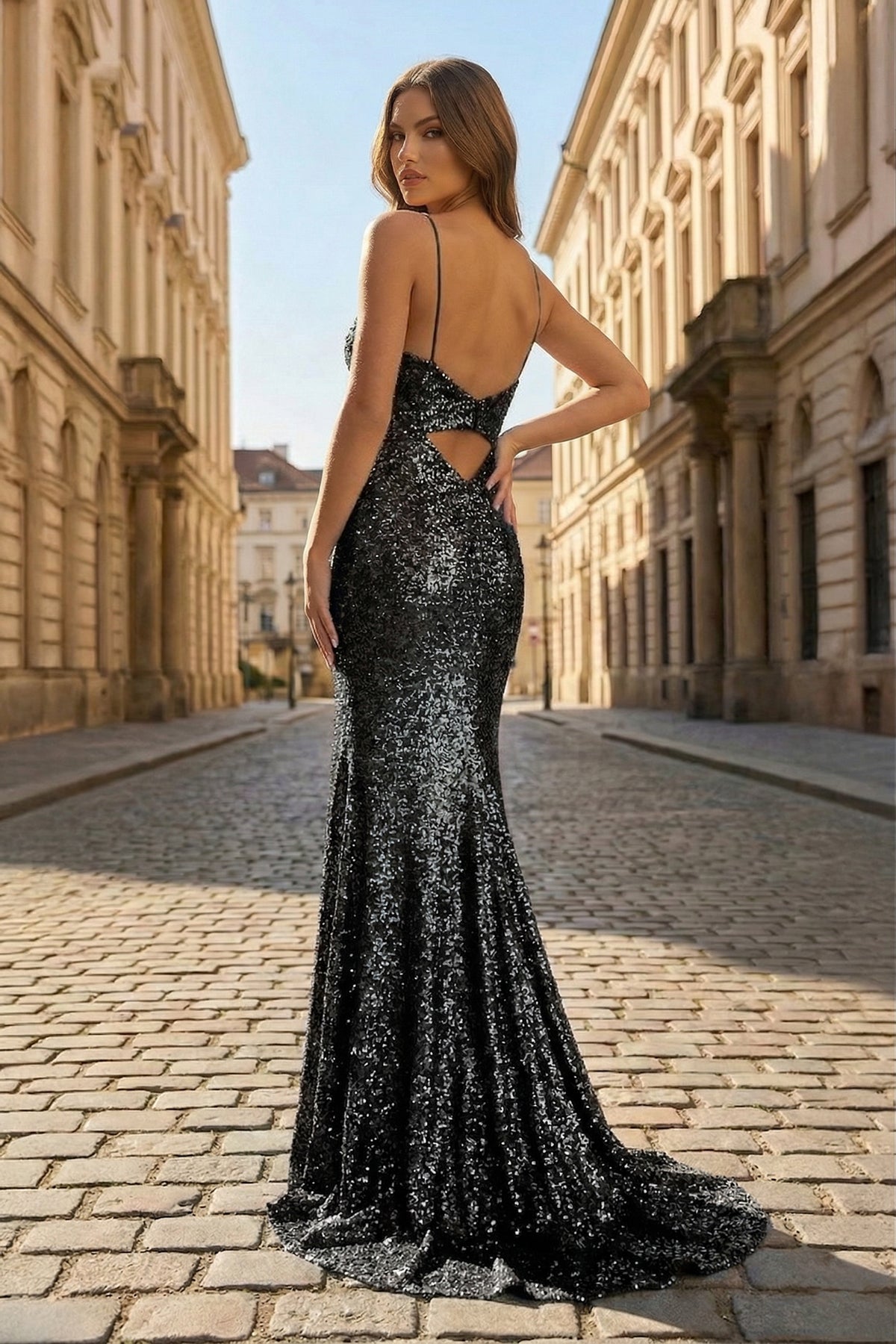 KissProm Sheath Spaghetti Strap Sequin Prom Dress with Slit, Black / 8