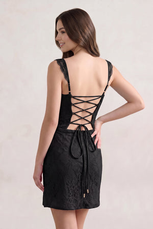 Black Spaghetti Straps Sheath Lace Short Homecoming Dress With Slit - KISSPROM