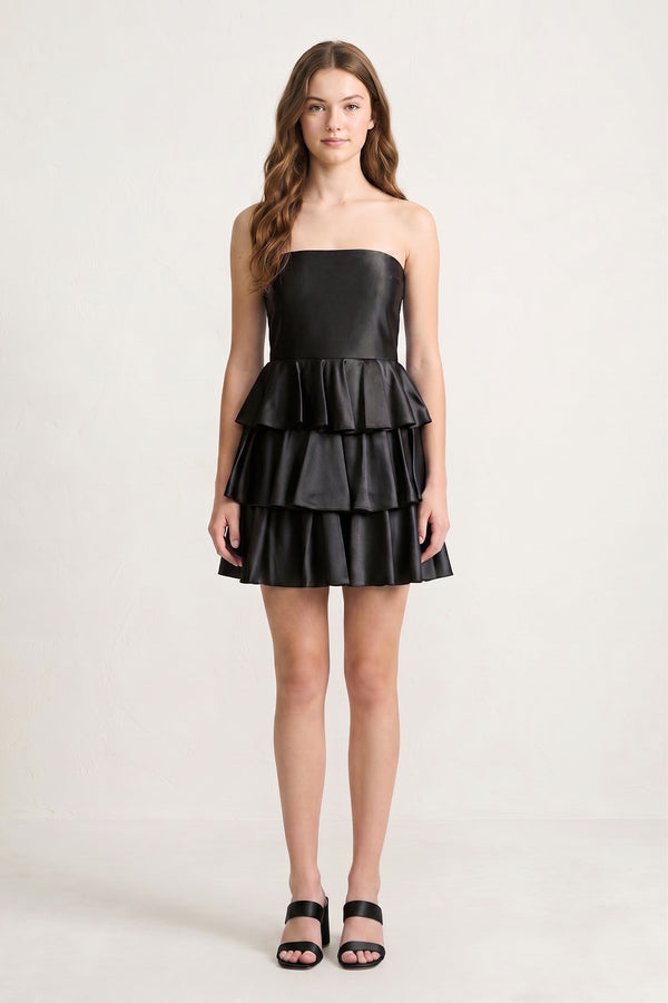 Black Strapless A Line Satin Ruffle Short Homecoming Dress - KISSPROM