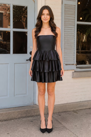 Black Strapless A Line Satin Ruffle Short Homecoming Dress - KISSPROM
