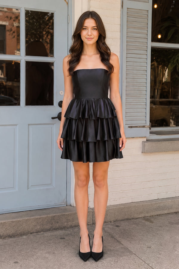 Black Strapless A Line Satin Ruffle Short Homecoming Dress - KISSPROM