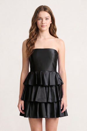 Black Strapless A Line Satin Ruffle Short Homecoming Dress - KISSPROM