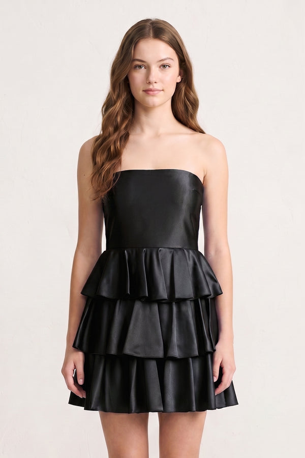 Black Strapless A Line Satin Ruffle Short Homecoming Dress - KISSPROM