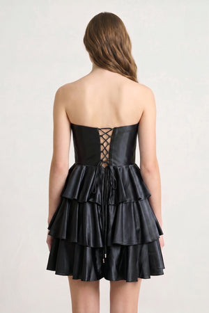 Black Strapless A Line Satin Ruffle Short Homecoming Dress - KISSPROM
