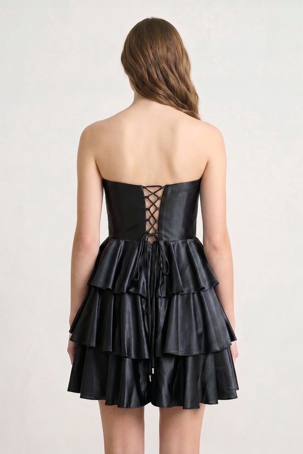 Black Strapless A Line Satin Ruffle Short Homecoming Dress - KISSPROM