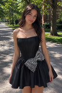 Black Strapless A-Line Satin Mini Corset Homecoming Dress With Bow - KISSPROM