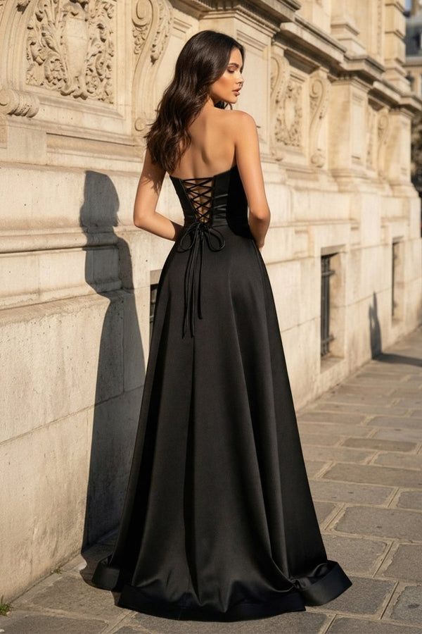 A Line Black Strapless Satin Prom Dresses With Slit - KissProm