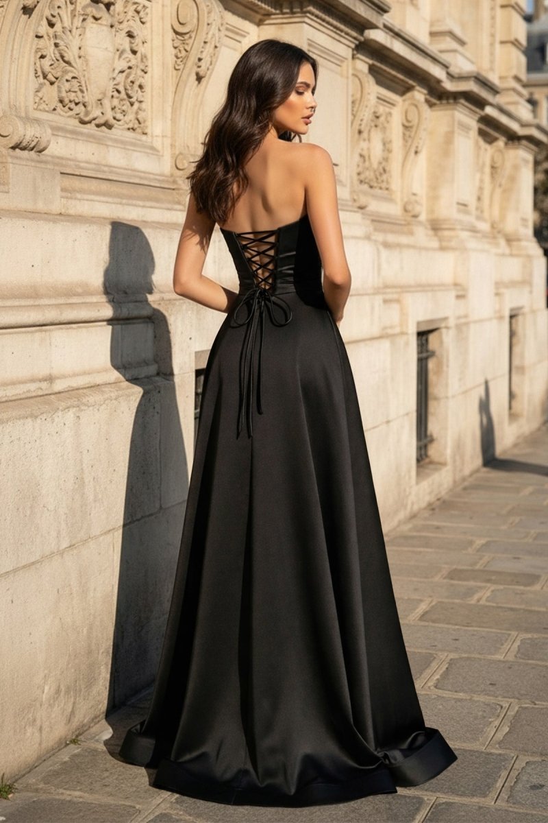 KissProm A Line Black Strapless Satin Prom Dresses With Slit, Dark Green / 10