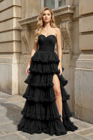 Navy Blue Strapless A Line Tulle Ruffled Long Prom Dresses With Slit - KissProm