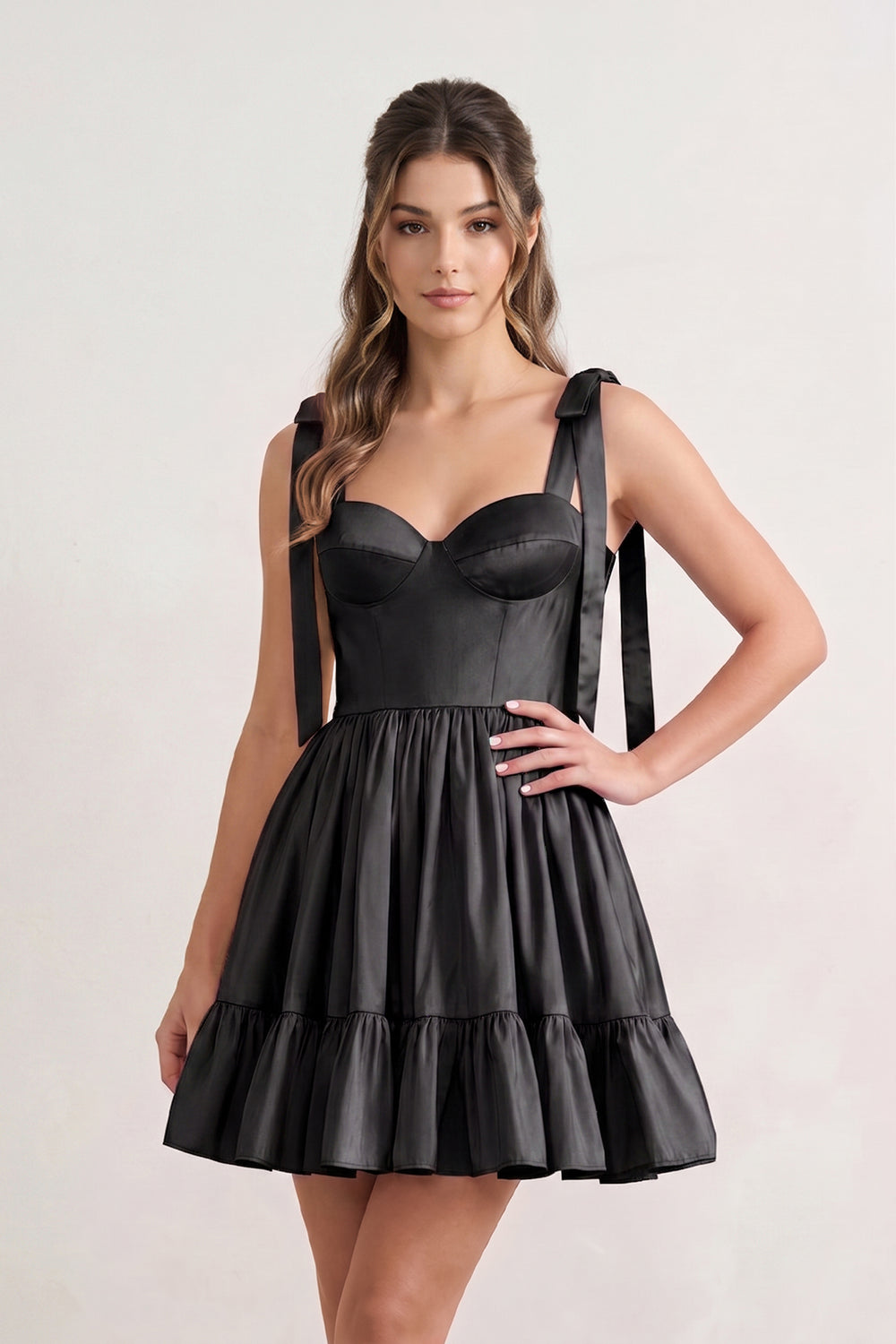 Sabrina | A-line Sweetheart Black Ruffled Taffeta Homecoming Dress With Bow Straps