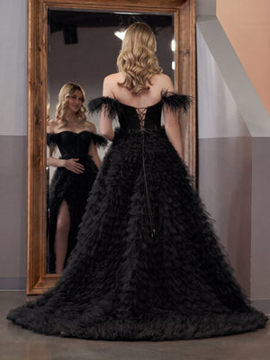 A Line Sweetheart Tiered Tulle Long Prom Dress With Slit - KissProm