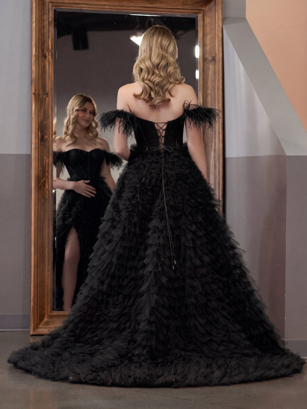 A Line Sweetheart Tiered Tulle Long Prom Dress With Slit - KissProm