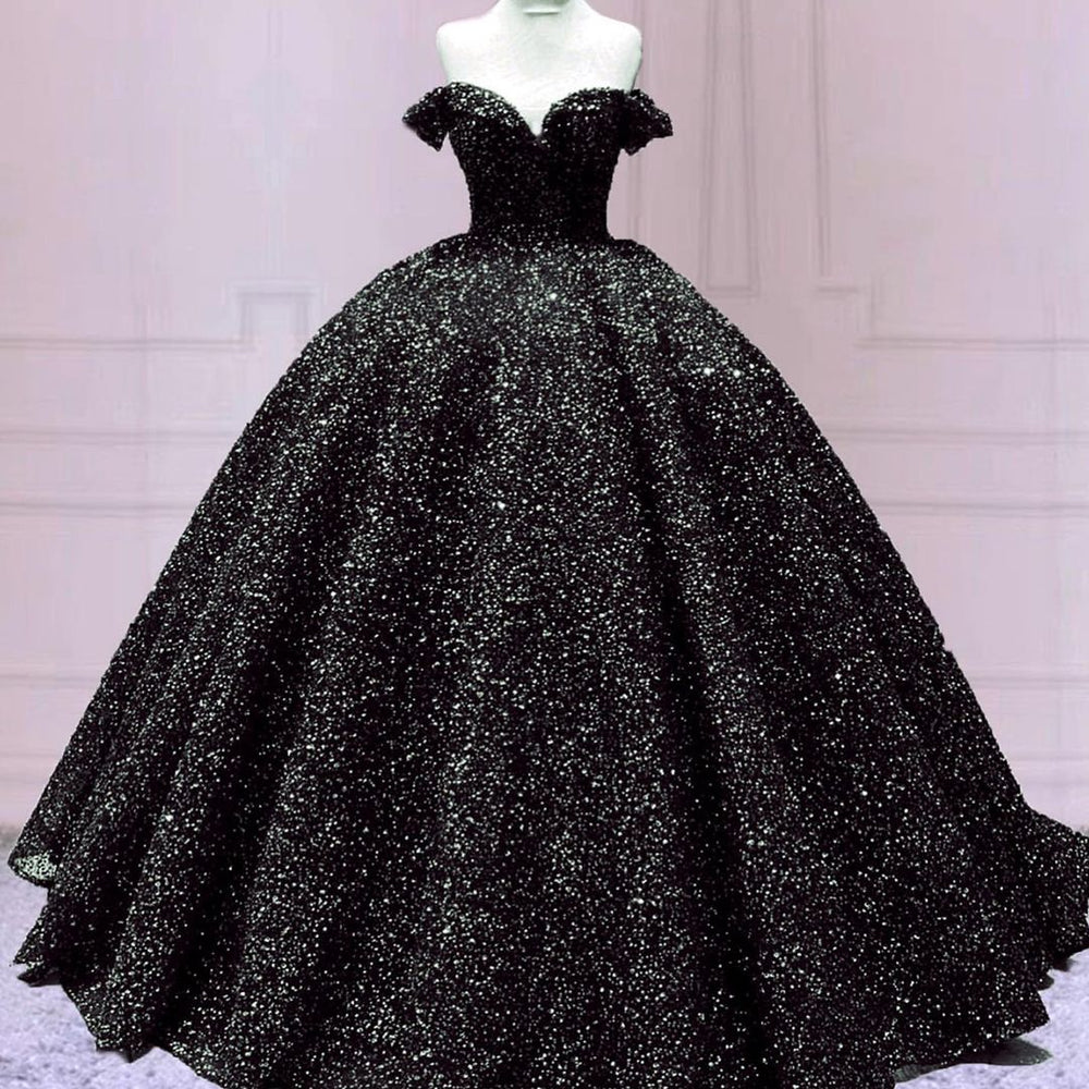 Black Quinceanera Dresses Ball Gown V Neck Sequined Bodice Tulle Floor Length  cc312 main image 1