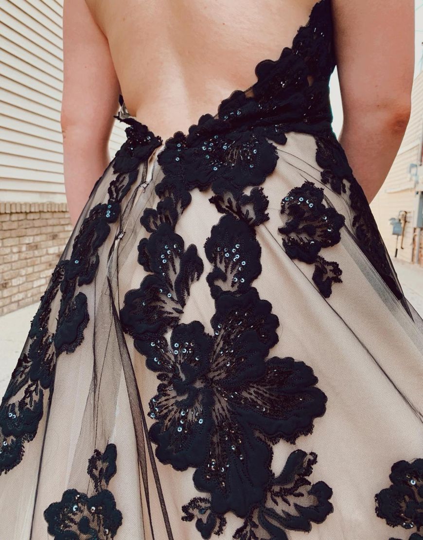 Nala | Black Champagne Open Back Court Train Wedding Dress With Appliques
