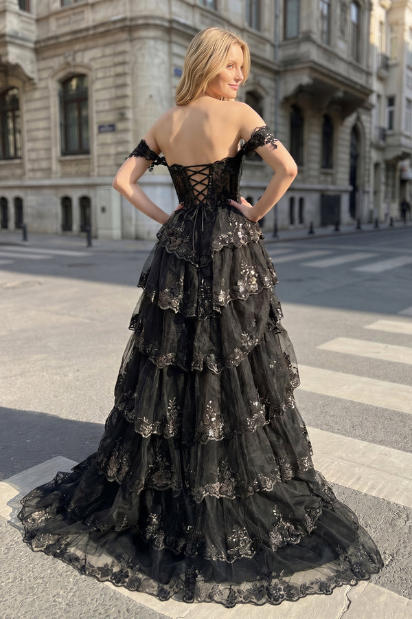 Black Off the Shoulder Lace Appliques Tiered Prom Dress with Slit (2) | KISSPROM