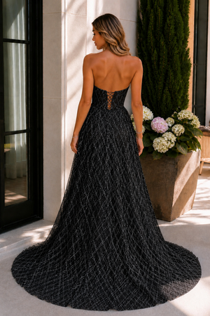 Celia | A-line Strapless Black Long Prom Dresses Unique Evening Dress