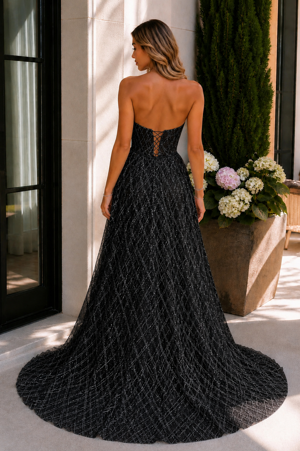 Celia | A-line Strapless Black Long Prom Dresses Unique Evening Dress