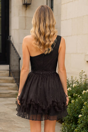 One-Shoulder Beaded Ruffle Homecoming Dress in Hot Pink - KissProm