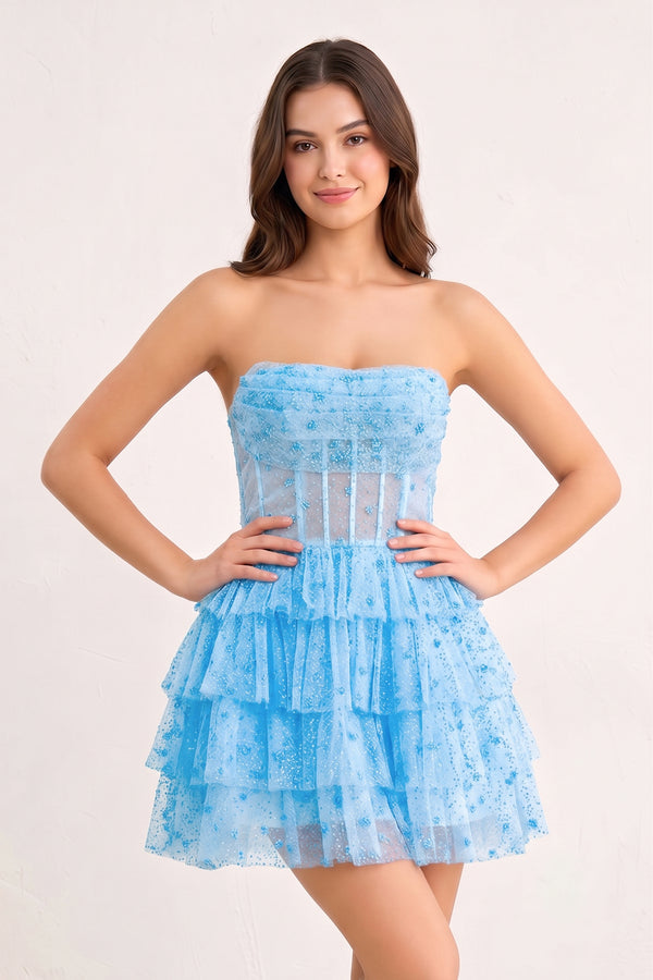 Blue A-Line Strapless Scoop Tiered Sleeveless Short Homecoming Dress - KISSPROM