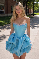 Blue Bubble Hem Strapless Basque Waist Homecoming Dress With Beading | KISSPROM