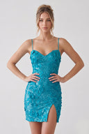 Sky Blue Sheath Sequin Open Back Mini Party Dresses with 3D Flowers- KissProm 
