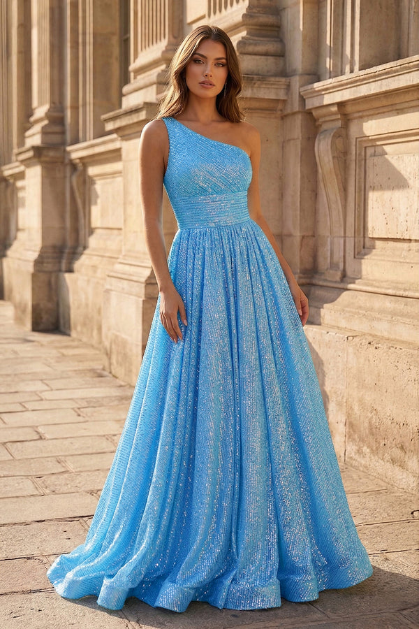 A-Line One Shoulder Sequins Prom Dress with Pockets - KISSPROM PROM DRESSES