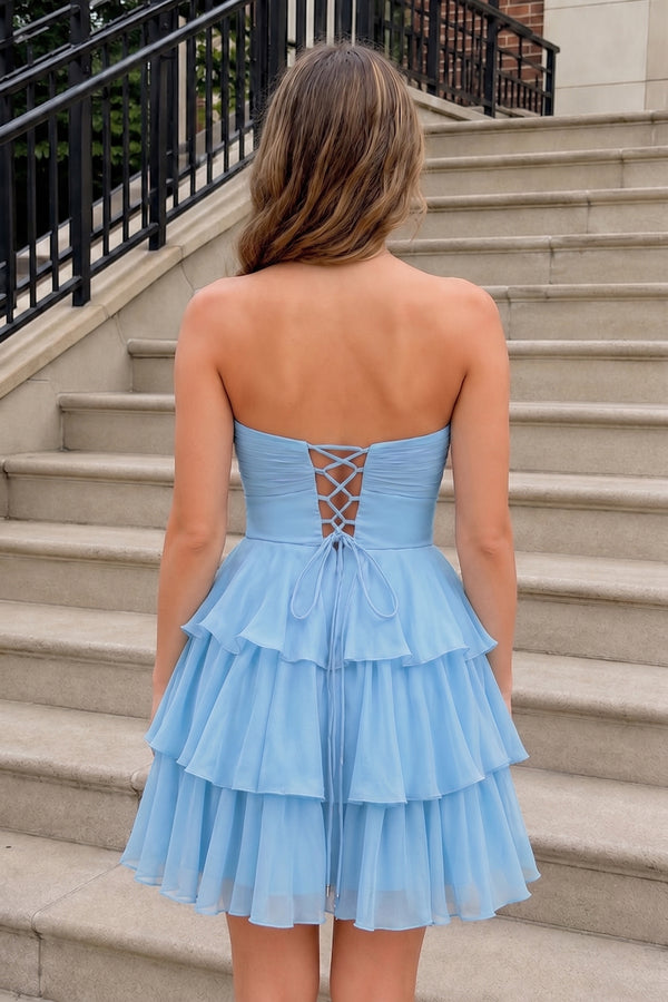 Blue Strapless A Line Chiffon Ruffles Homecoming Dresses With Flower - KISSPROM