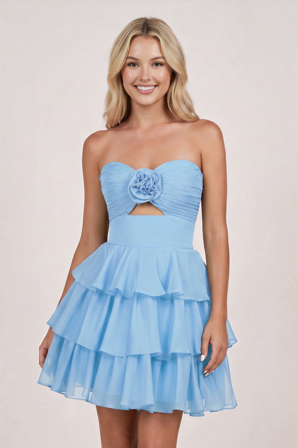 Blue Strapless A Line Chiffon Ruffles Homecoming Dresses With Flower - KISSPROM