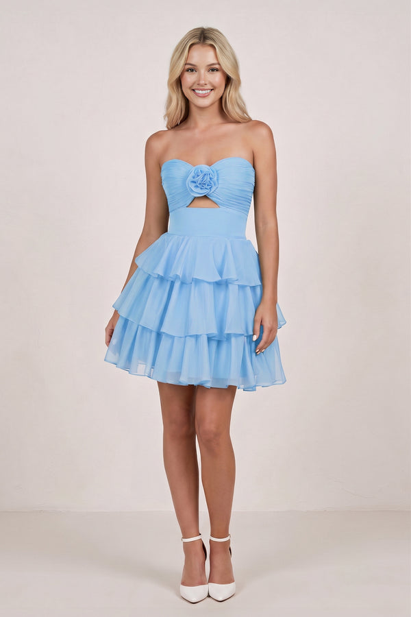Blue Strapless A Line Chiffon Ruffles Homecoming Dresses With Flower - KISSPROM