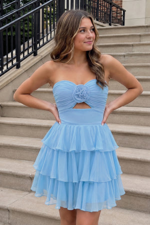Blue Strapless A Line Chiffon Ruffles Homecoming Dresses With Flower - KISSPROM