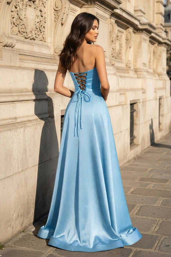 A Line Black Strapless Satin Prom Dresses With Slit - KissProm