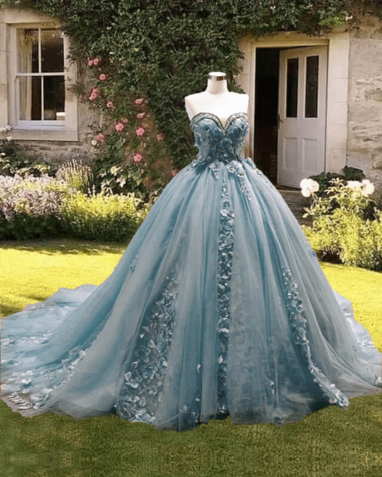 KissProm Dusty Blue Sweetheart Ball Gown Quinceanera Dress With 3D Flowers, Dusty Blue / 22