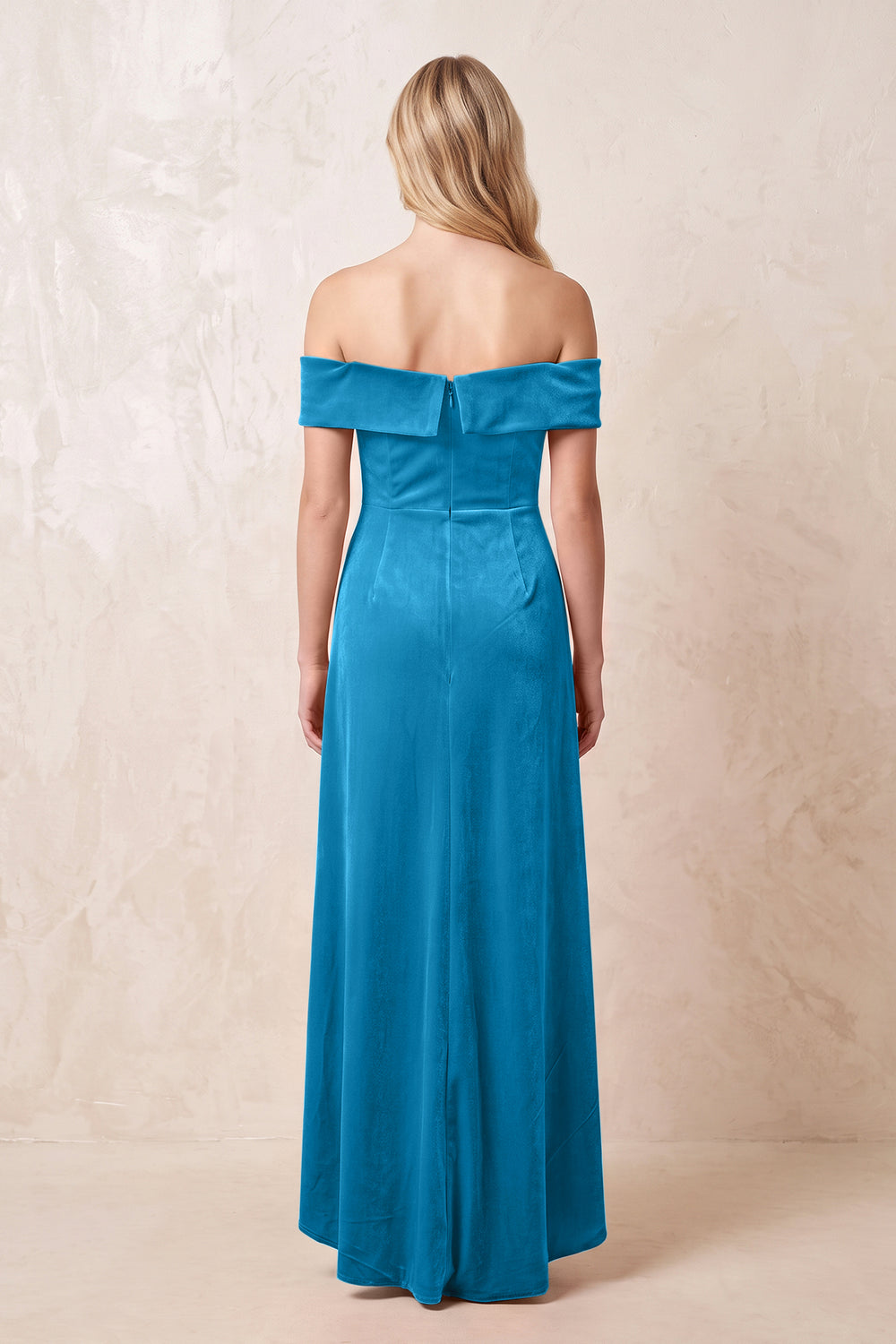 Blue Jay Off-the-Shoulder Sheath Velvet Midi Bridesmaid Dress - KISSPROM