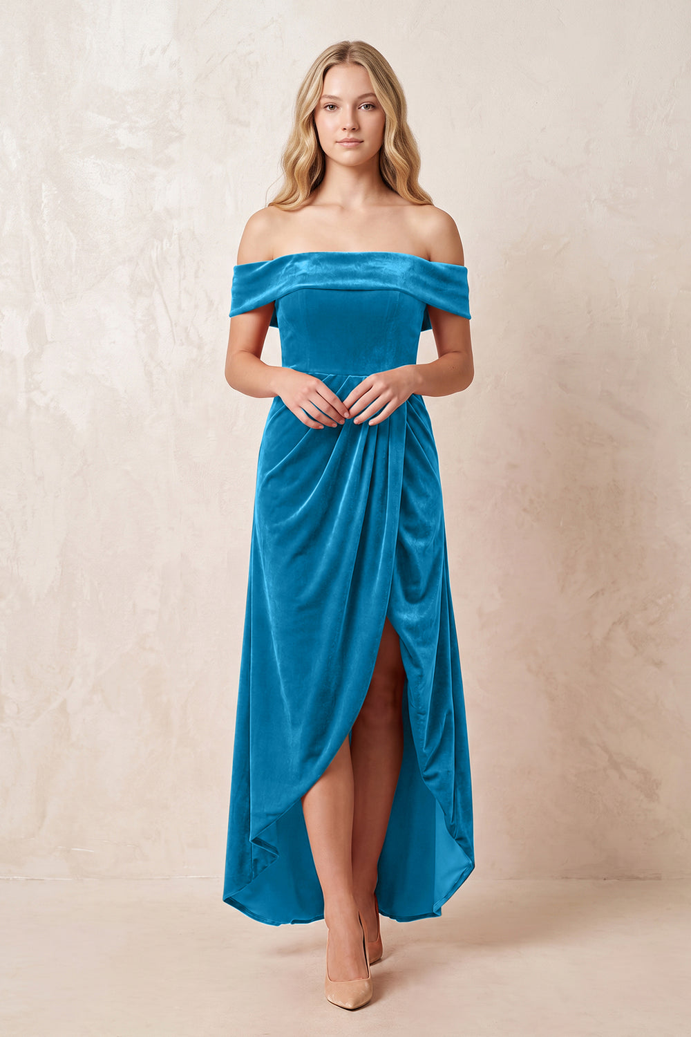 Blue Jay Off-the-Shoulder Sheath Velvet Midi Bridesmaid Dress - KISSPROM