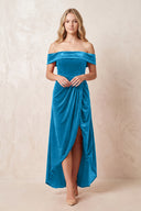 Blue Jay Off-the-Shoulder Sheath Velvet Midi Bridesmaid Dress - KISSPROM