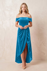 Blue Jay Off-the-Shoulder Sheath Velvet Midi Bridesmaid Dress - KISSPROM