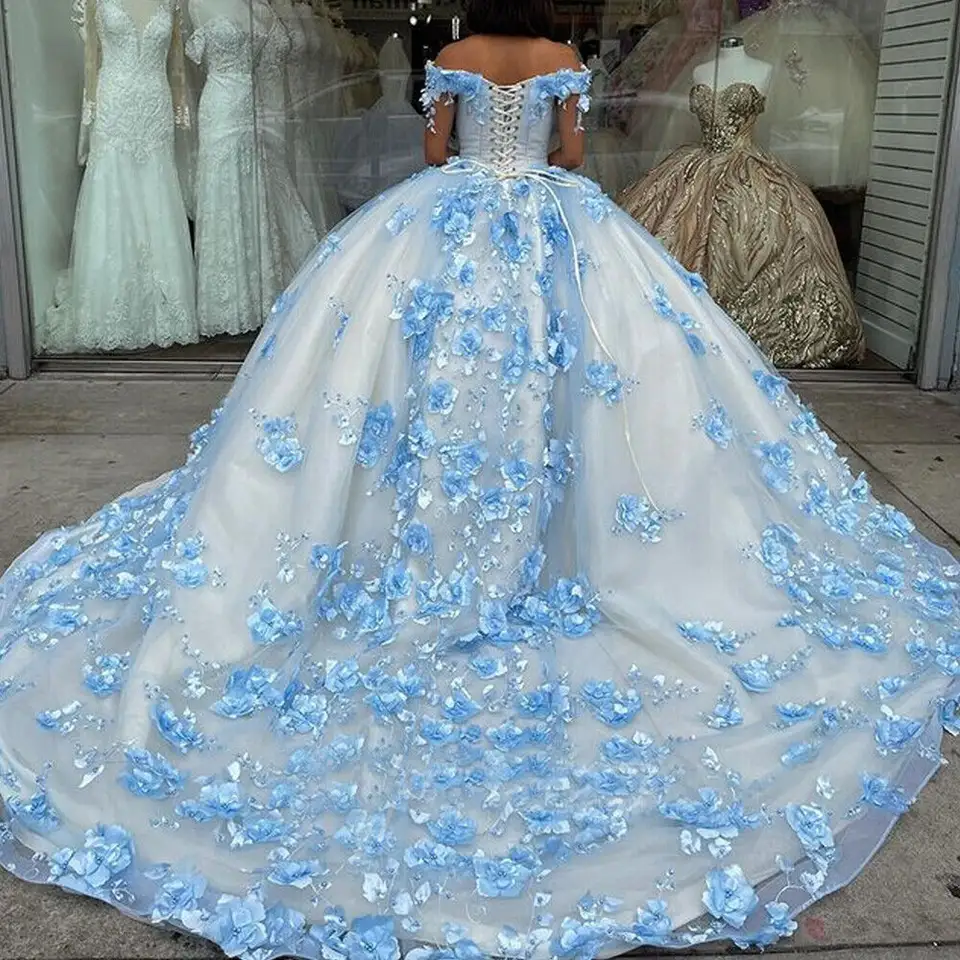 Quinceanera Dress Blue Lace Sweet Dress Off The Shoulder 3D Flowers