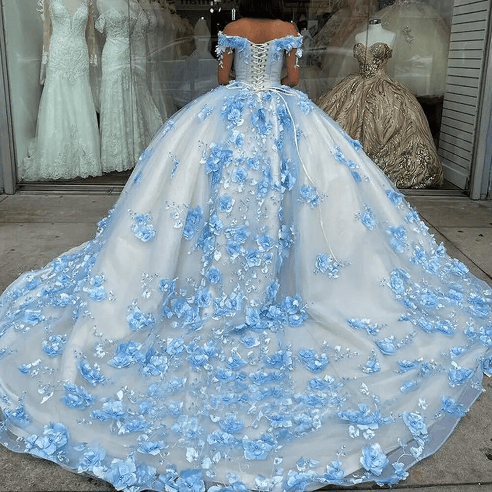 Sky Blue Lace Dress Off The Shoulder 3D Flowers Quinceanera Dresses Sky Blue / Custom Size