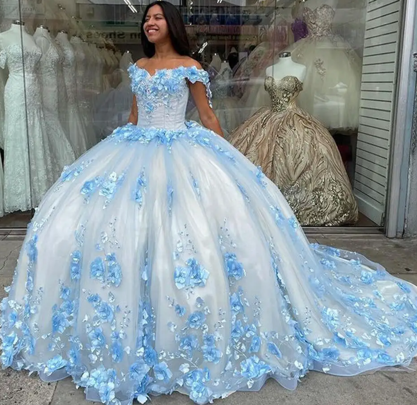 Blue Lace Sweet Dress Off The Shoulder 3D Flowers Quinceanera Dresses