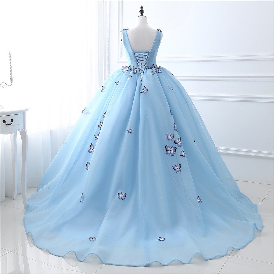 Quinceanera Dress Blue Butterfly Flowers Lace Up Ball Gowns Long Prom Dresses - KissProm