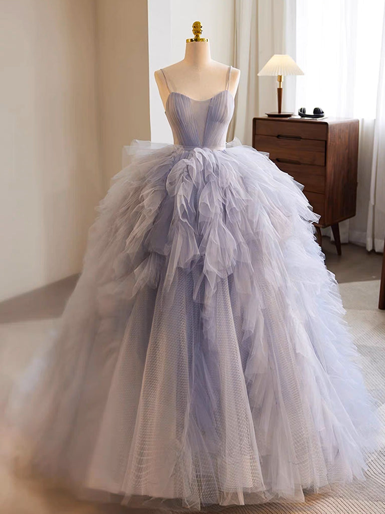 Quinceanera Dress Blue Tulle Long Prom Gown Blue Tulle Long Sweet Dress